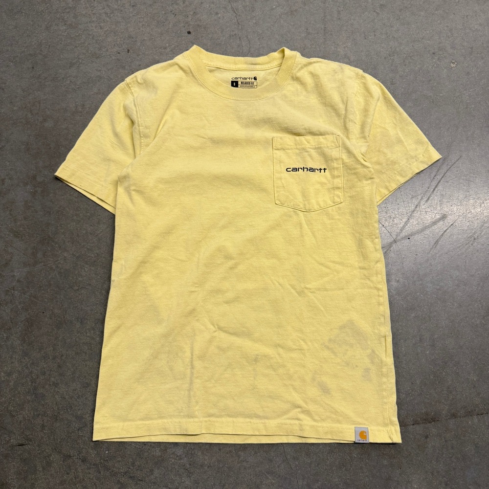 Carhartt Mens Relaxed Fit Pocket T-Shirt Yellow Graphic Logo Small 4358